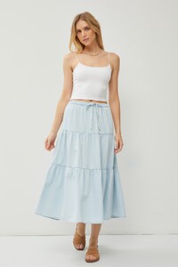 Chambray Pull On Light Wash Tiered Midi Skirt 71095