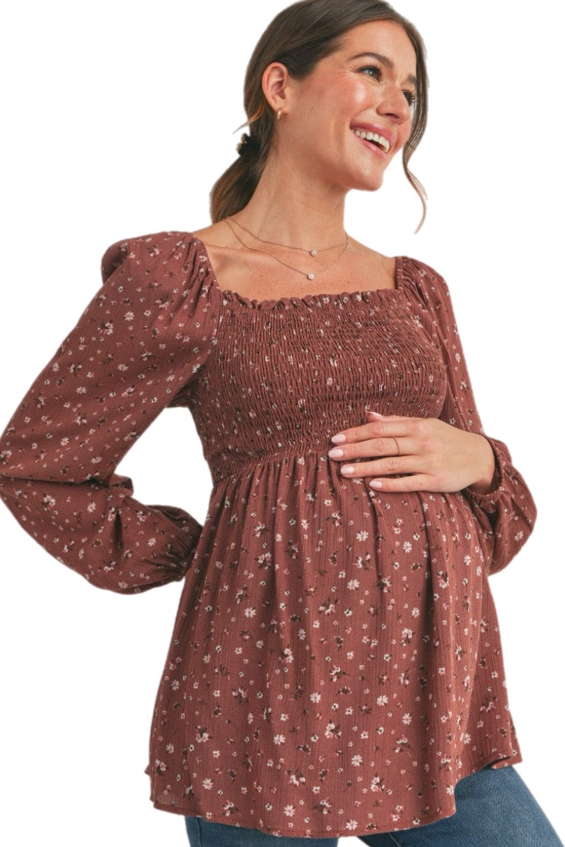 Floral Print Smocked Maternity Blouse 2629