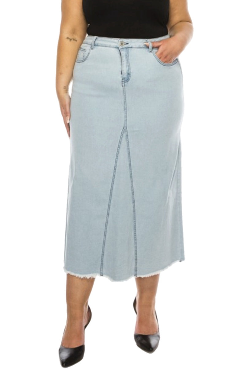 Plus Long Denim Skirt Style 89209X in Light Wash