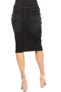 Mid Length Button Denim Skirt Style 77803 in Black Wash