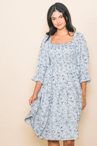 Floral Smocked Dress 1218 in Cream or Light Blue