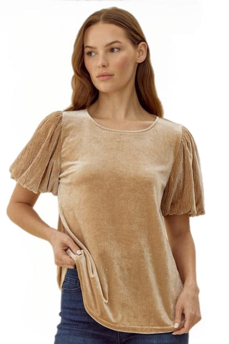 Velvet Short Puff Sleeve Top Style 1776 In Beige