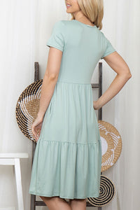 Solid Short Sleeve Tiered Ruffle Dress in Light Sage Style 8235