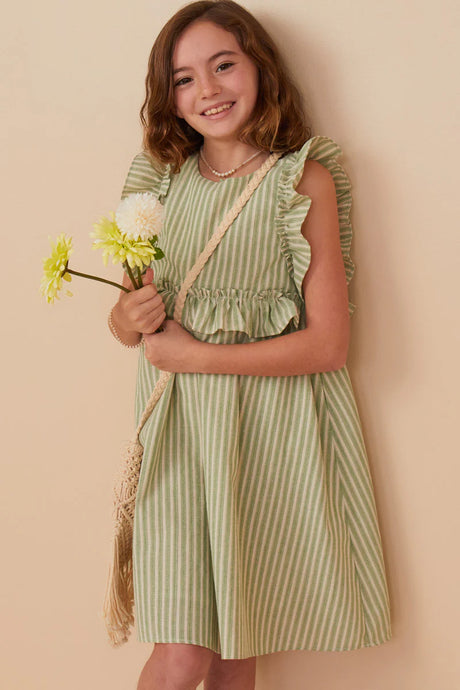 Girls Linen Striped Ruffle Dress Style 8289 in Sage