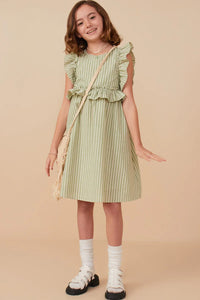 Girls Linen Striped Ruffle Dress Style 8289 in Sage