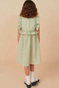 Girls Linen Striped Ruffle Dress Style 8289 in Sage