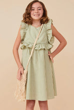 Girls Linen Striped Ruffle Dress Style 8289 in Sage