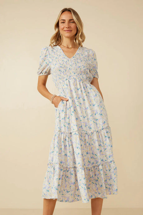 Soft Floral V Neck Smocked Dress Style 6215 in Blue