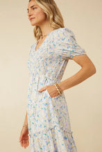 Soft Floral V Neck Smocked Dress Style 6215 in Blue