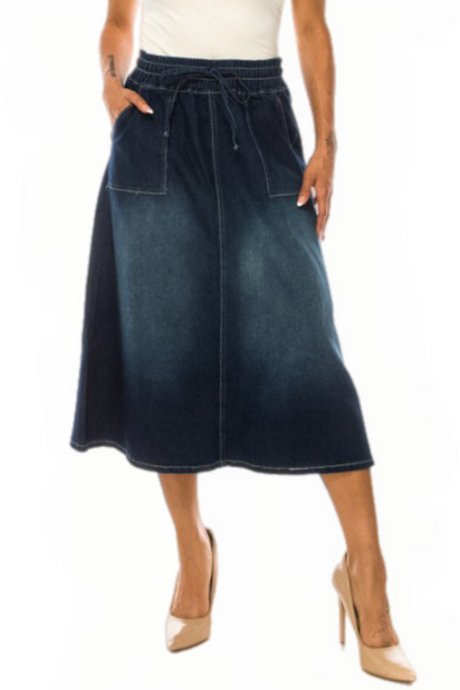 Denim Midi Skirt 79410 In Dark Indigo Wash.