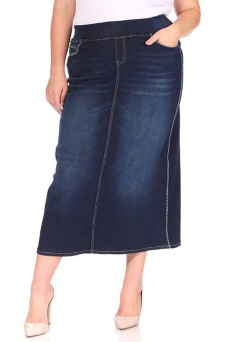 Plus Denim Long Skirt 88040X in Indigo Wash