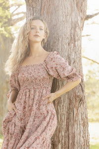Floral Smocked Dress 1218 in Cream or Light Blue