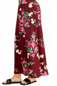 Flared Maxi Skirt in Black Floral or Wine Floral Style 1434P