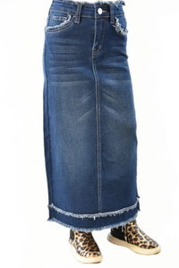 Girls Long Denim Skirt Style 89184 in Dark Indigo