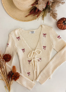 Front Tie Knit Cardigan With Bow Embroidery Style 1781