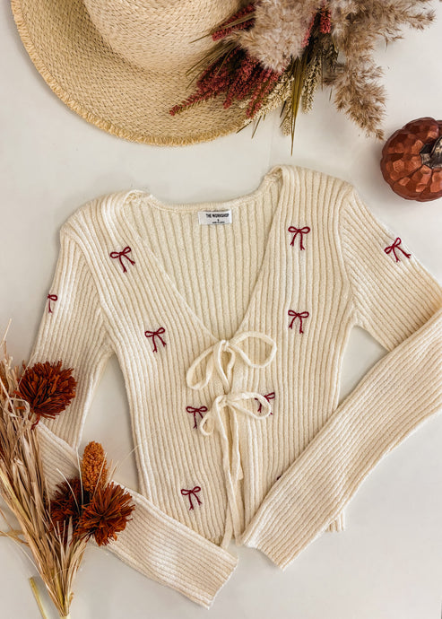Front Tie Knit Cardigan With Bow Embroidery Style 1781