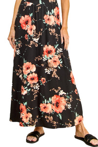 Flared Maxi Skirt in Black Floral or Wine Floral Style 1434P