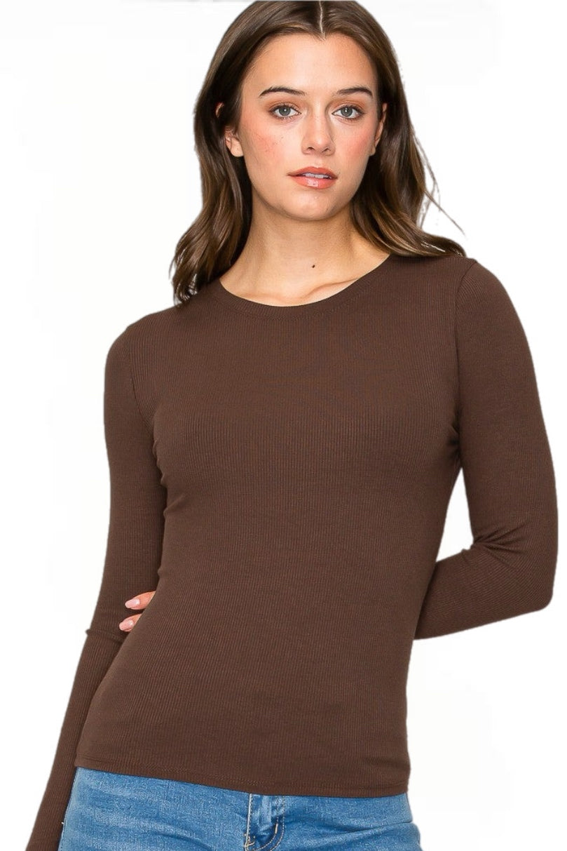 Crew Neck Rayon Ribbed Long Sleeve Style 9509 in Hot Fudge