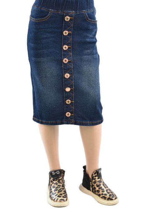 Girls Button Denim Skirt 77803 in Dark Indigo