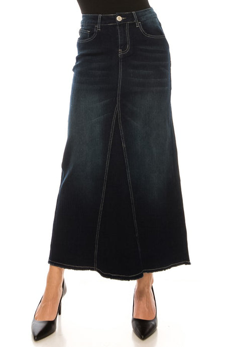 Long A-line Denim Skirt Style 88017 in Dark Indigo