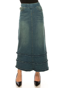 Long Denim Skirt with Ruffles Style 87804 in Vintage Wash