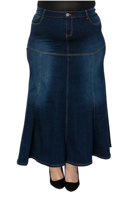 Plus Long Denim Skirt Style 89063X in Dark Indigo