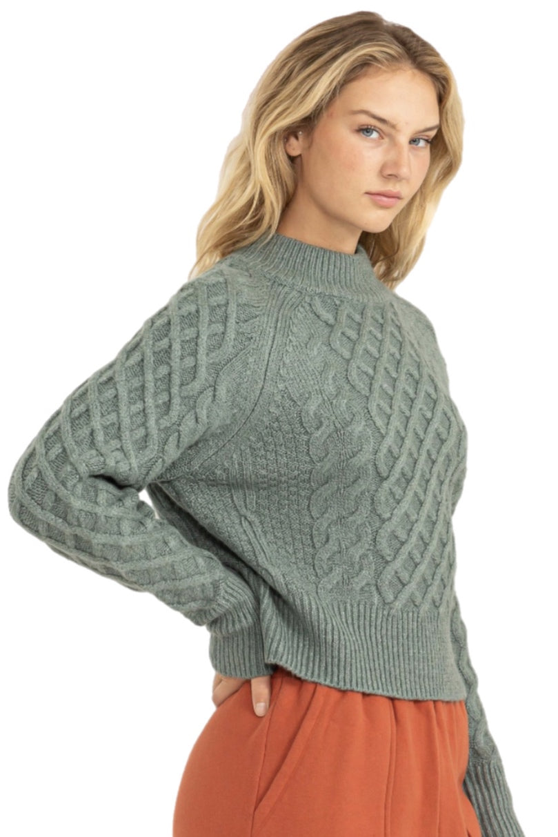 High Neck Cable Knit Sweater Style 575 in Clay Green