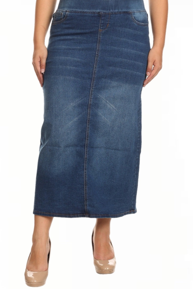 Plus Long Denim Skirt Style 87241X Indigo Wash