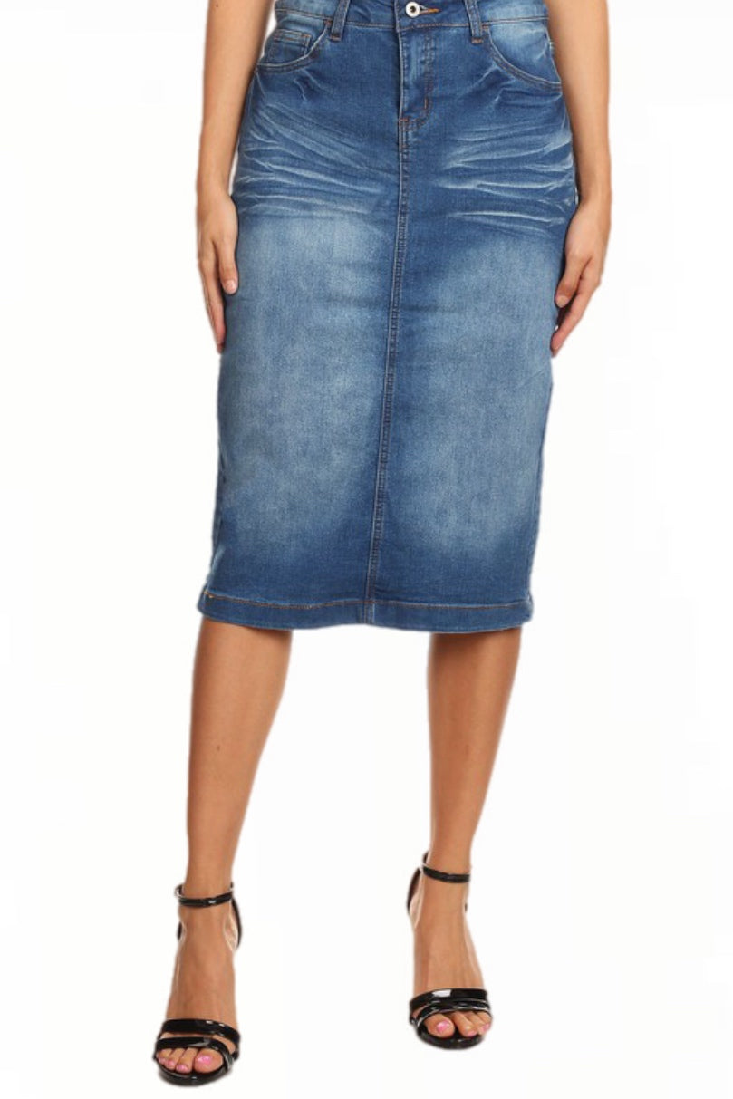 Faded Denim Pencil Skirt Style 77239 in Indigo Wash