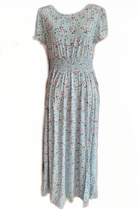 Smocked Maxi Dress in Blue Floral 3117
