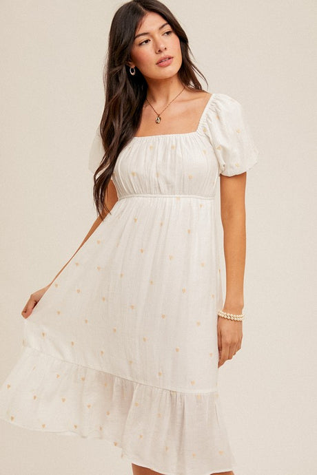 Heart Embroidered Bubble Sleeve Dress 7606 in White