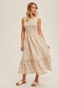 Smocked Striped Dress 6292 in Taupe