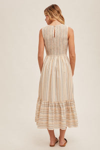 Smocked Striped Dress 6292 in Taupe