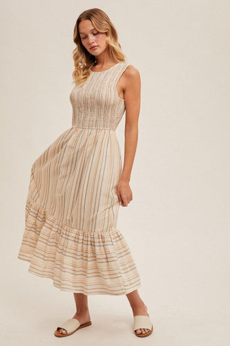 Smocked Striped Dress 6292 in Taupe