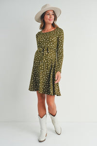 2502 Floral Maternity Skate Dress with Belt in Olive