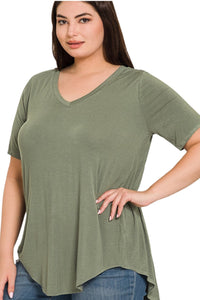 Plus Luxe Short Sleeve V-Neck Top in Light Olive Style 5541X