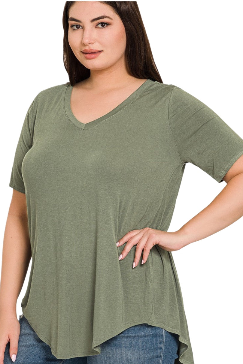 Plus Luxe Short Sleeve V-Neck Top in Light Olive Style 5541X