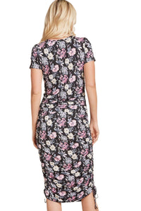 Floral Ruched Midi Dress in Black 5091