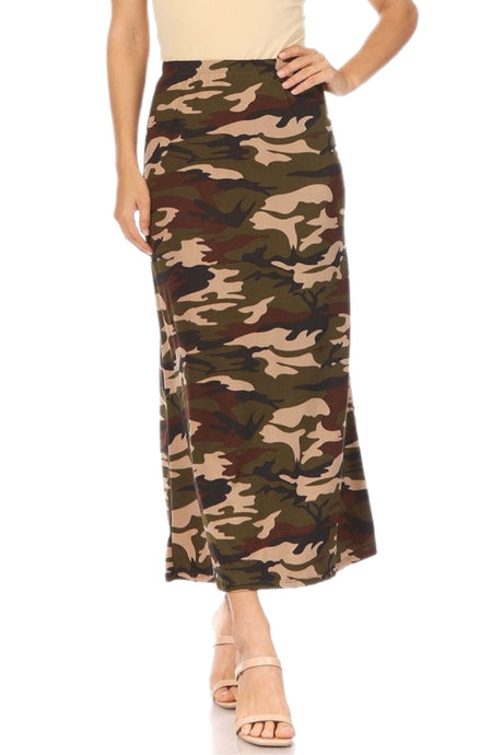 Camouflage Print Pull On Maxi Skirt in Green Style 833