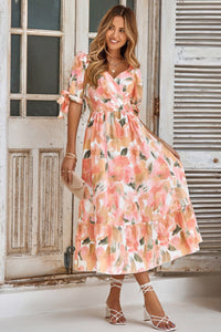 Floral Print Surplice Midi Dress in Orange Style 5294