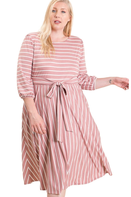 Plus Striped Midi Dress Style 5094X in Mauve/Ivory or Black/Ivory