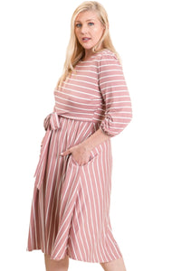 Plus Striped Midi Dress Style 5094X in Mauve/Ivory or Black/Ivory