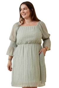 Plus Swiss Dot Smocked Sleeve Square Neck Dress in Sage Style 6663