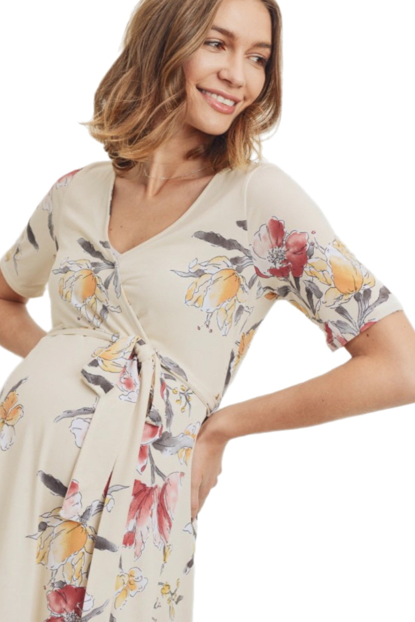 Wrap Maternity Nursing Dress Style 1623 in Nude Floral