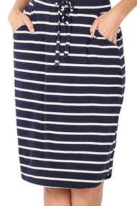 Plus Striped Pencil Skirt Style 3070 with Drawstring in Navy/Ivory