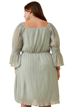 Plus Swiss Dot Smocked Sleeve Square Neck Dress in Sage Style 6663