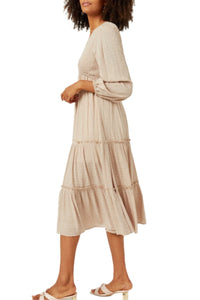 Smocked Bodice Midi Dress Style 5181 in Stone