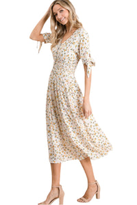 Floral Smocked Waist Floral Dress Style 1881 in Ivory