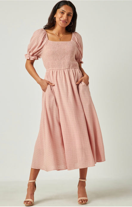 Women's Smocked Bodice Midi Dress Style 2474 in Mauve
