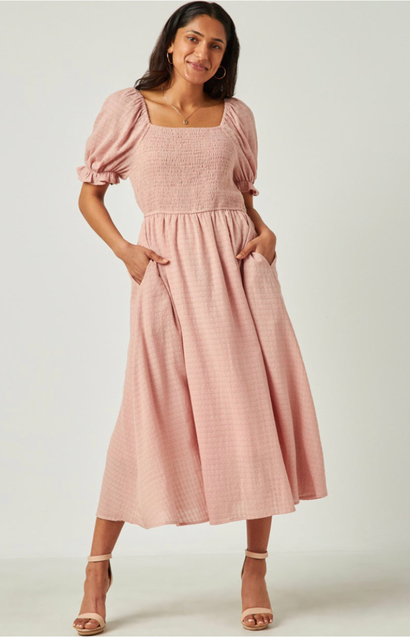 Women's Smocked Bodice Midi Dress Style 2474 in Mauve